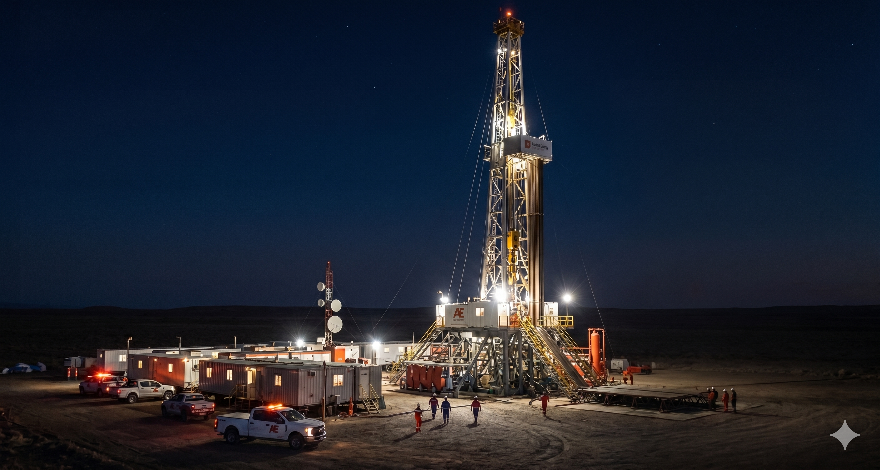 Operaciones en campo petrolero nocturno